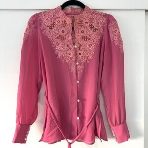 Vintage chiffon pink puff sleeve blouse with crochet lace Size 10
